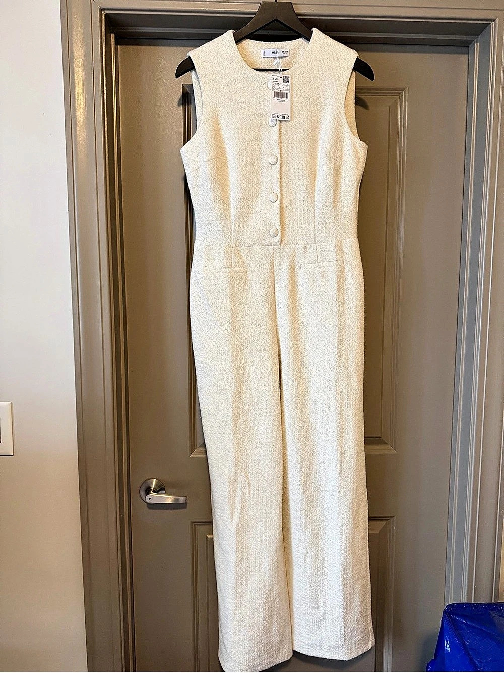 Mango Textured Wide Leg Jumpsuit in Cream Size Medium NWT